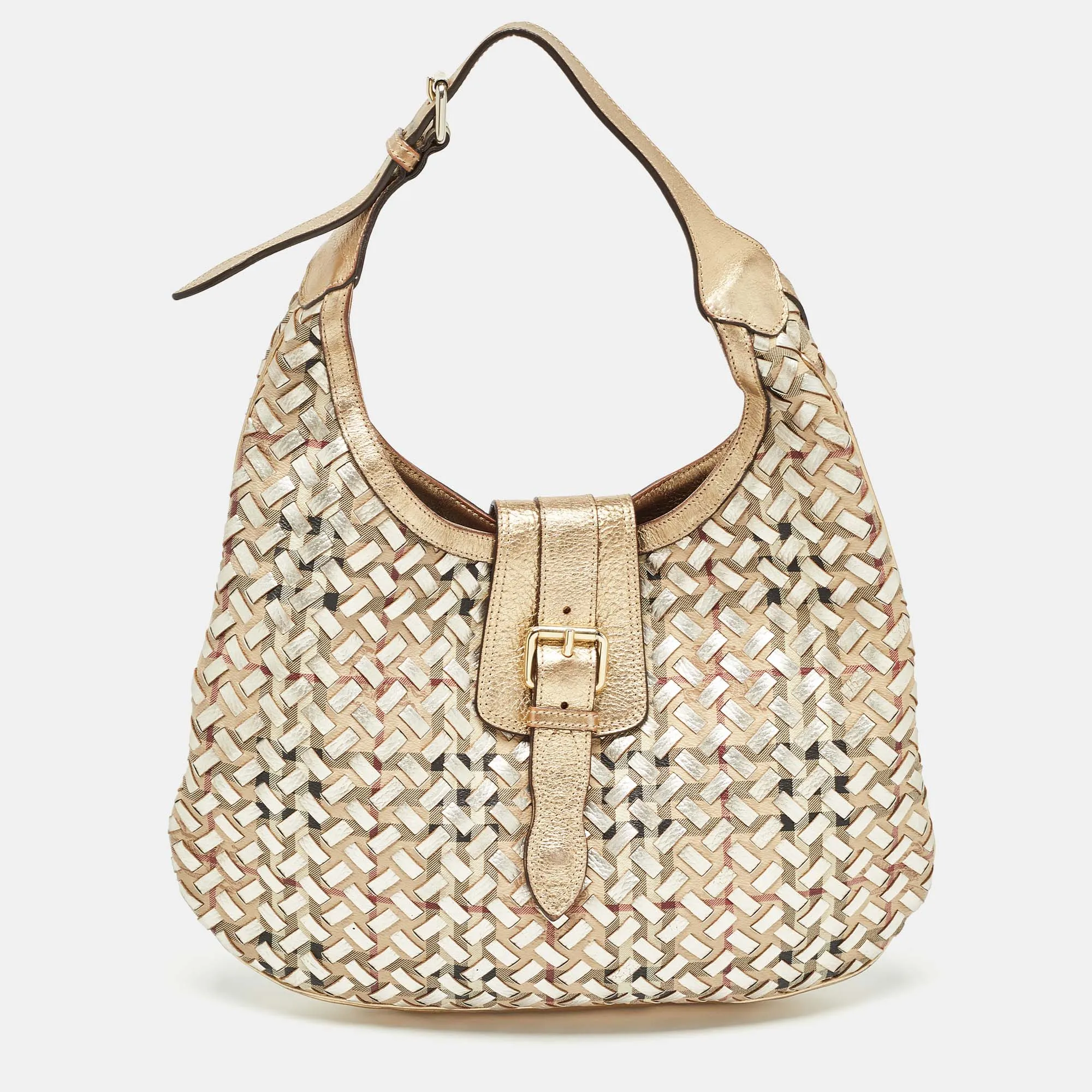 Trendy Inspired Burberry Gold/beige Haymarket Check Pvc And Leather Woven Brooke Hobo