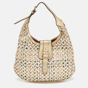 Trendy Inspired Burberry Gold/beige Haymarket Check Pvc And Leather Woven Brooke Hobo