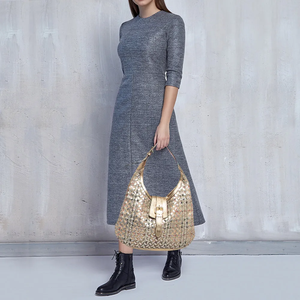 Trendy Inspired Burberry Gold/beige Haymarket Check Pvc And Leather Woven Brooke Hobo