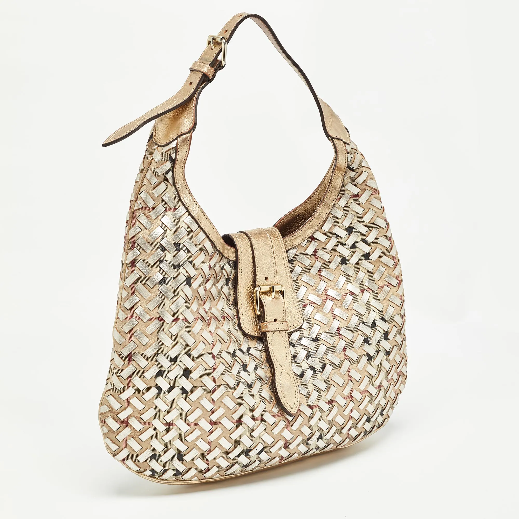 Trendy Inspired Burberry Gold/beige Haymarket Check Pvc And Leather Woven Brooke Hobo