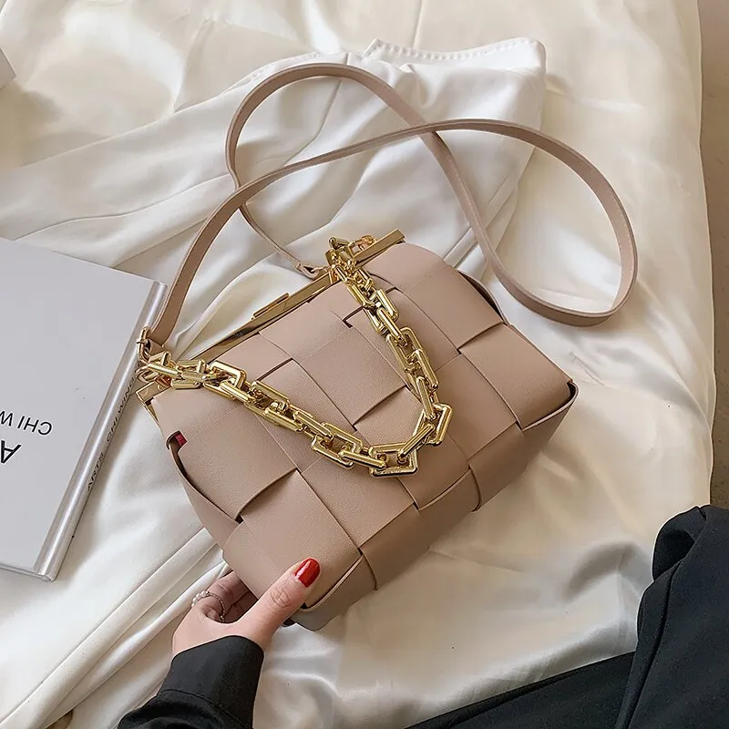 Vintage Weave Tote Bags Chain Crossbody Bag 2021 Fashion New High Quality PU Leather Women Designer Handbag Travel Shoulder Bag