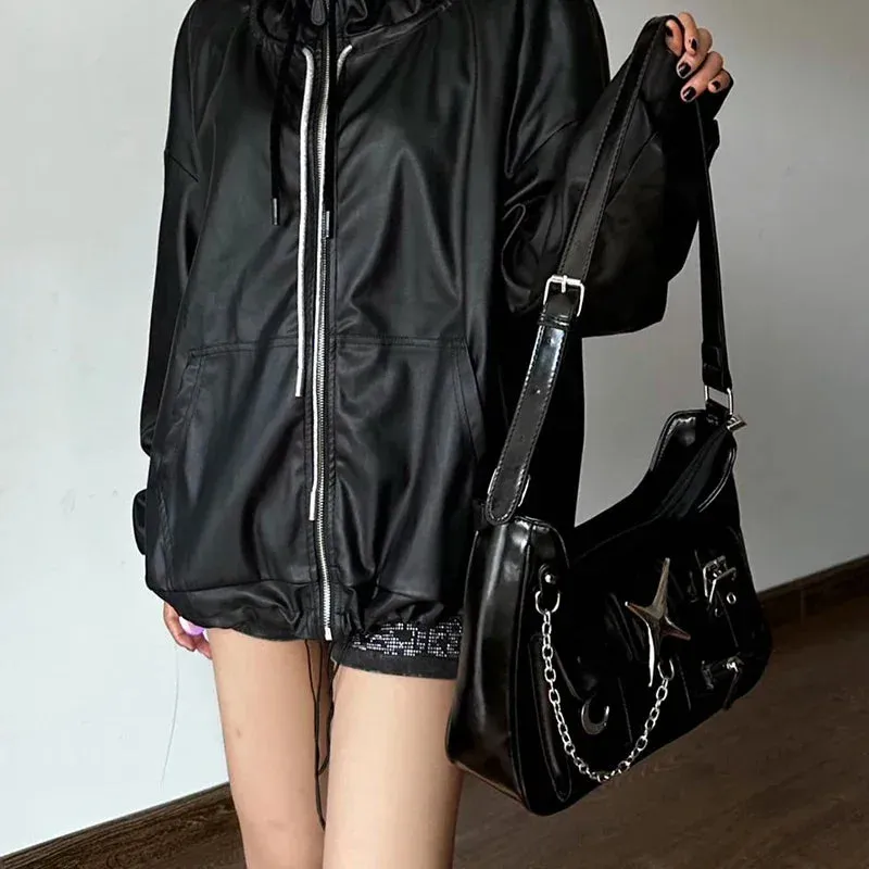 Y2K Black Harajuku Shoulder Chains Gothic Motorcycle Casual Fashion Bag