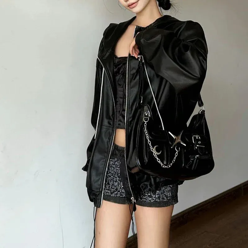 Y2K Black Harajuku Shoulder Chains Gothic Motorcycle Casual Fashion Bag