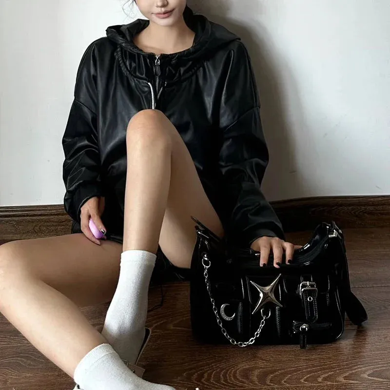 Y2K Black Harajuku Shoulder Chains Gothic Motorcycle Casual Fashion Bag