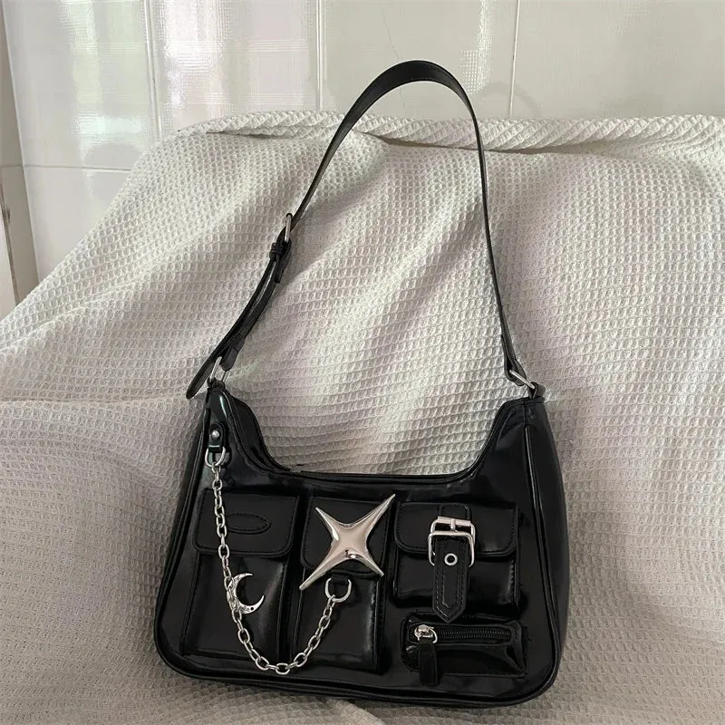 Y2K Black Harajuku Shoulder Chains Gothic Motorcycle Casual Fashion Bag